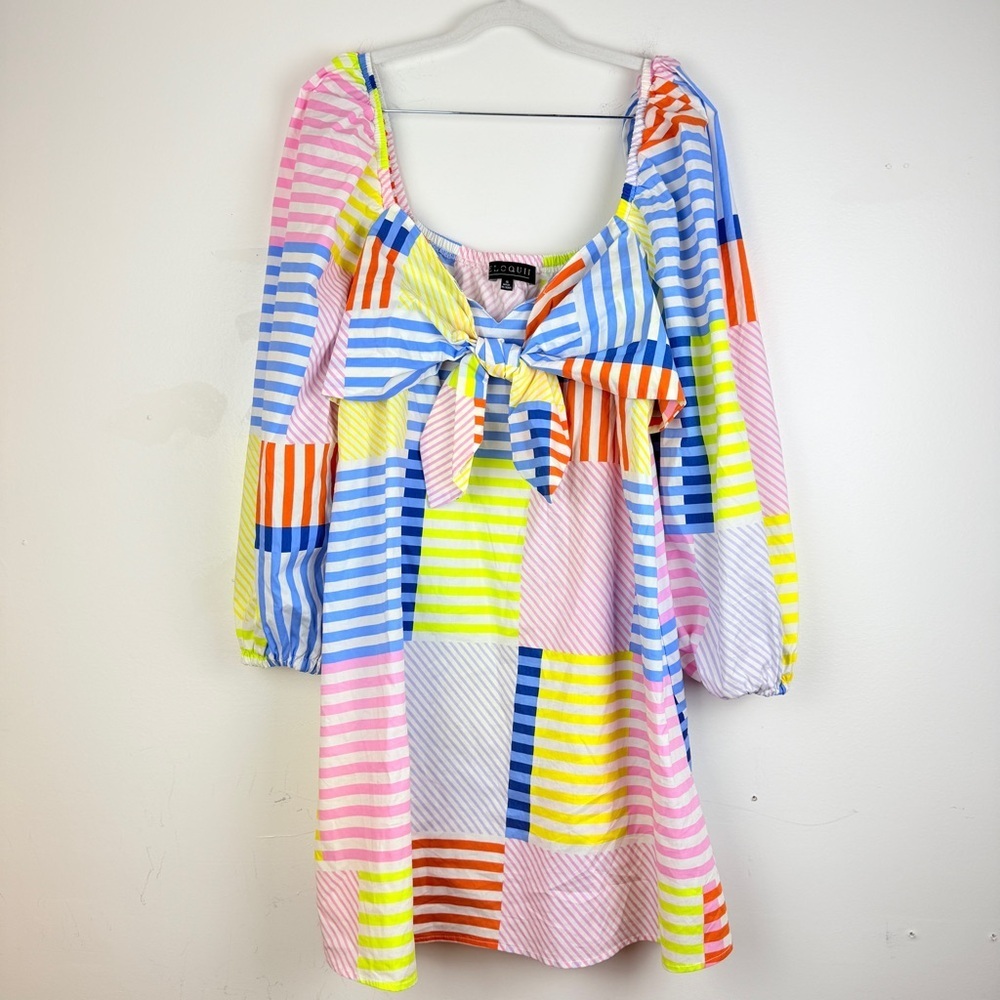 Eloquii Bold Striped Patchwork Bow Spring Maximalist Dress - Picture 3 of 8